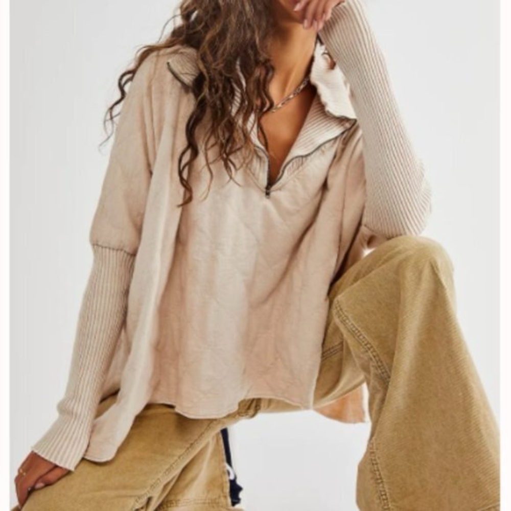 Free People Fp One Shiloh Sweatshirt Pullover Zip Oversized Ribbed sz M beige - Picture 2 of 14